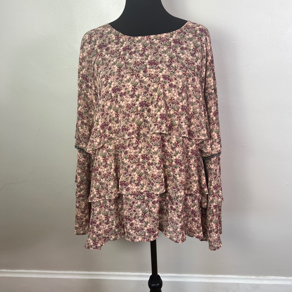 NWT - Collection by Bobeau Floral Print Ruffle Tiered Long Sleeve Top 2X